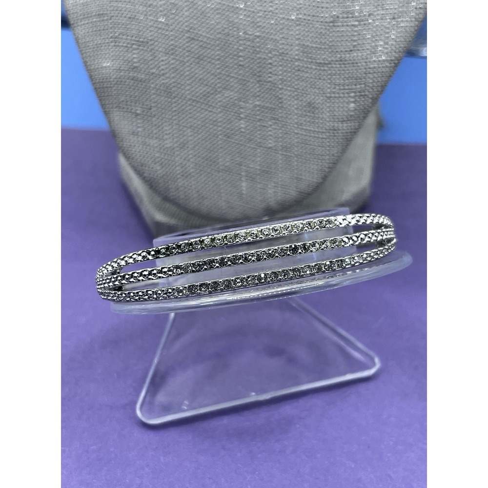 Crystal Rhinestone Bangle Bracelet Hinge‎ Cuff Silver Tone Multi Row